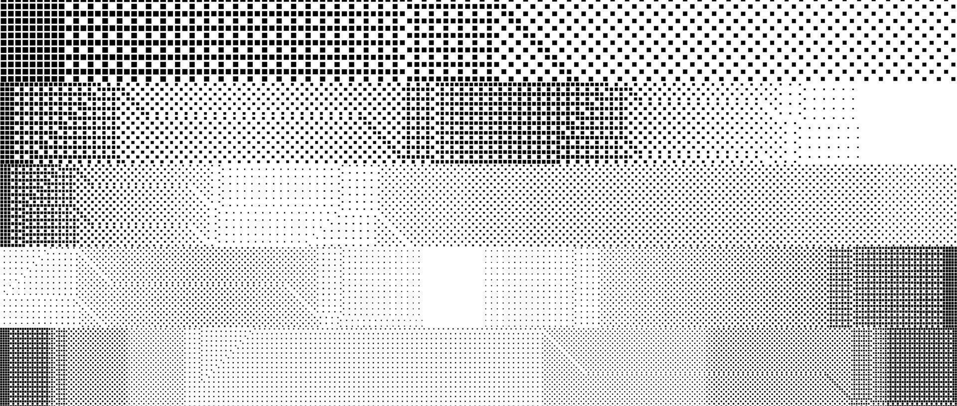 Bitmap pixelated striped pattern. Black and white halftone grunge texture. Glitched noise stripe overlay. Dotted gradient wallpaper for banner, poster, flyer, print, brochure. Dither background vector