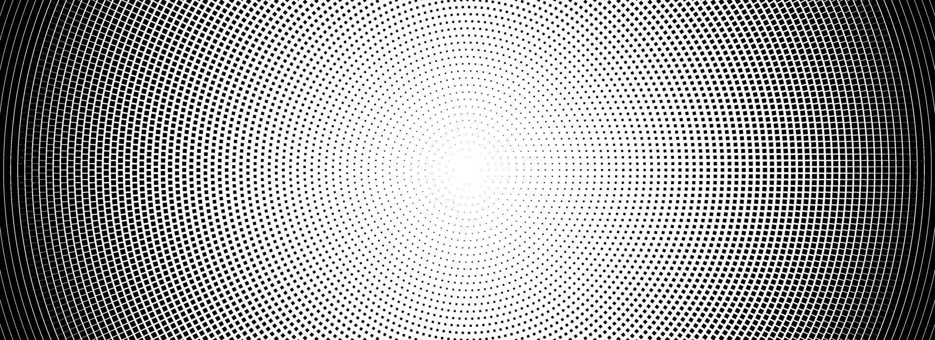 Halftone radial dotted background. Square dots comic gradient texture. Concentric fading gradation wallpaper. Black white rough grit overlay. Grunge gritty circular pop art cartoon backdrop vector