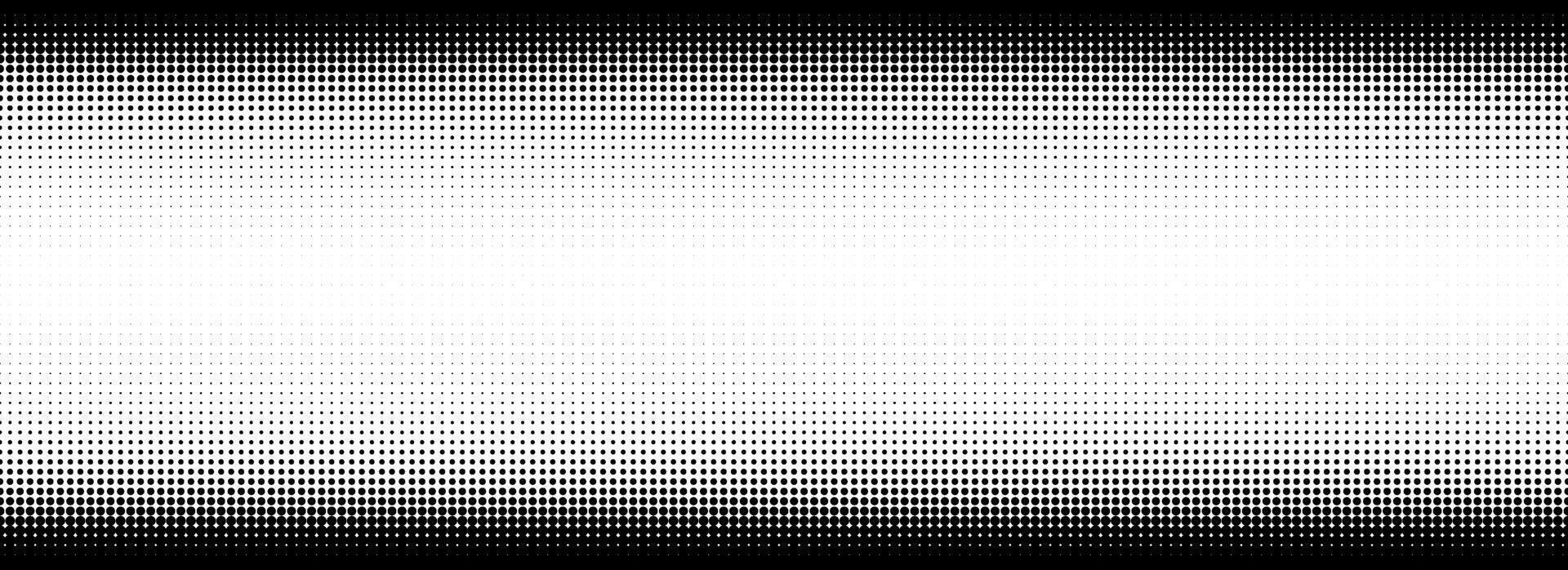 Dotted halftone gradient texture. Vanishing polka dot background. Repeated dots gradation pattern. Black and white fading comic pop art backdrop. Horizontal halftone raster effect wallpaper vector