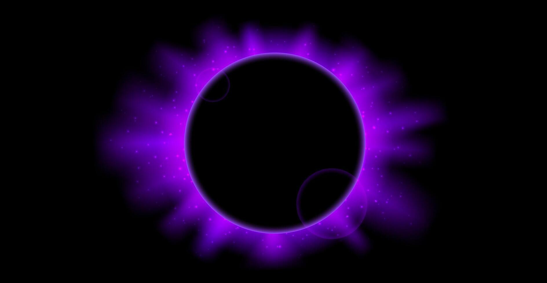 Purple planet eclipse concept. Solar light rays and glare effect. Glowing sun crown in dark space. Earth halo with blazing edge. Illustration design for poster, banner, cover, brochure, leaflet vector