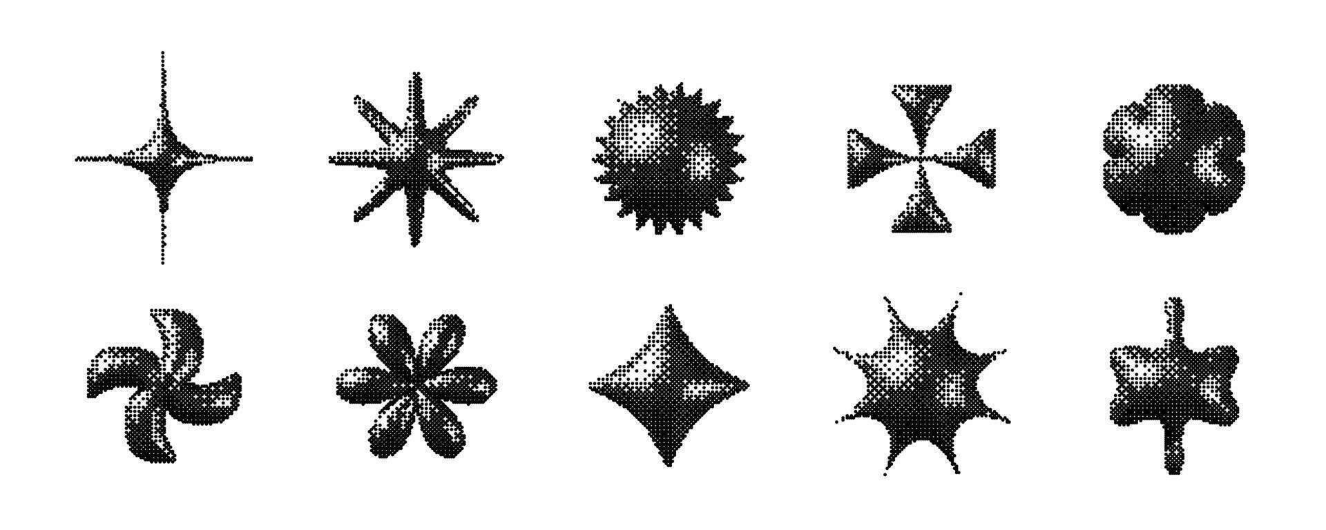 Pixelated 3d Y2K shape set. Bitmap stars, flowers, sparkles element collection. Retro 8 bit sticker form bundle for poster, banner, collage, graphic design, tattoo. Dither geometric object pack vector