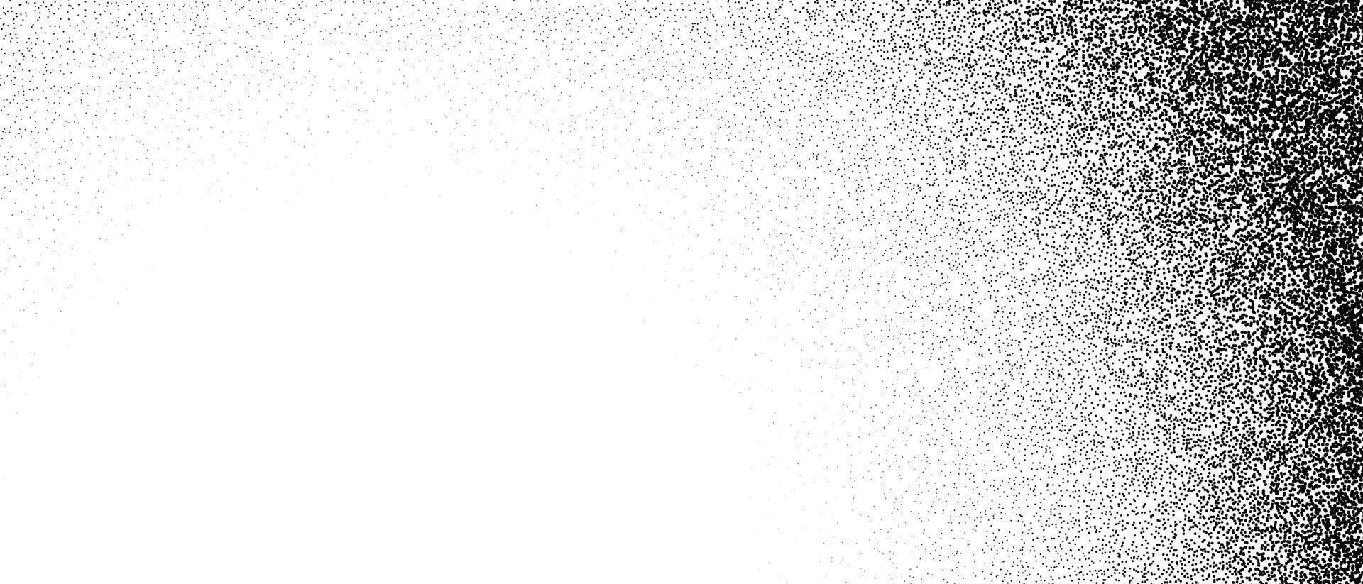 Black stippled halftone gradient texture. Grunge dotted noise background. Black gritty splattered sand overlay. Curved distressed sprayed dot work grain with specks, dust, dots, speckles. vector