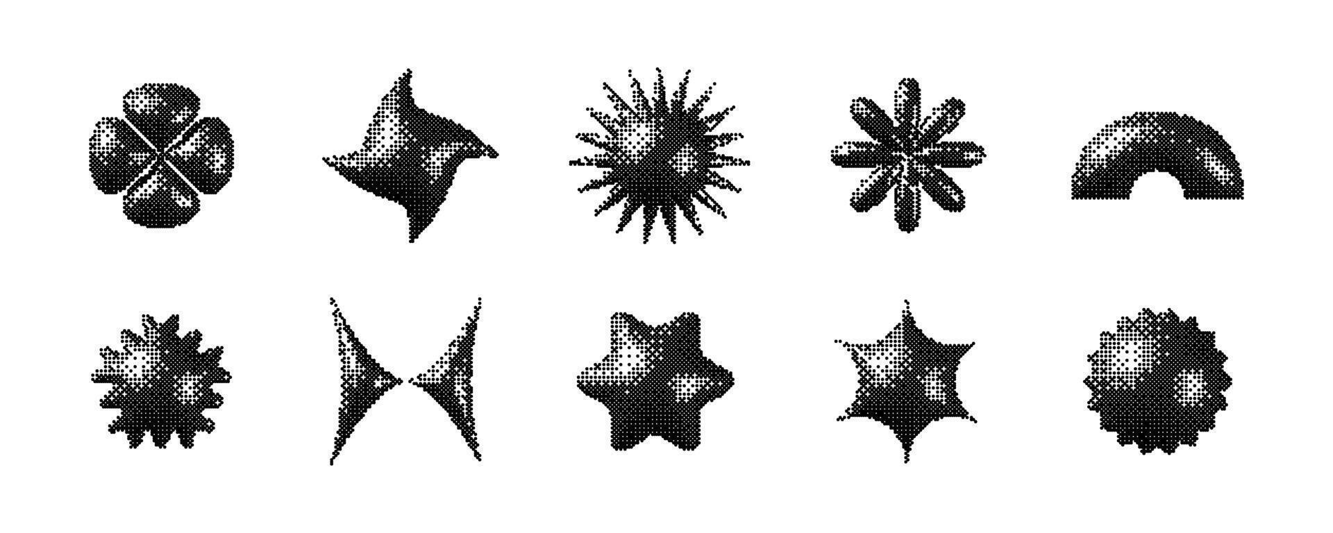 Pixelated 3d Y2K shape set. Bitmap stars, flowers, sparkles, arch element collection. Retro 8 bit sticker form bundle for poster, banner, collage, graphic design. Dither geometric object pack vector