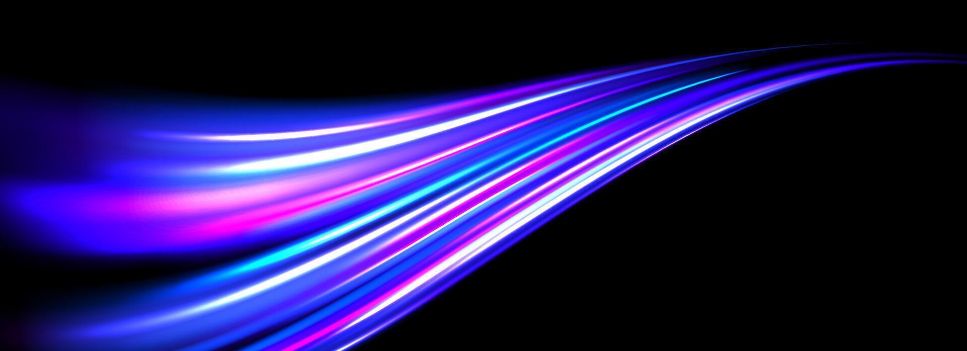 Glowing neon light trail background. Bright blue purple speed lines. Magic luminous curved road concept. Abstract bent dynamic moting stripes. Shiny streaks for poster, banner, flyer, brochure. vector