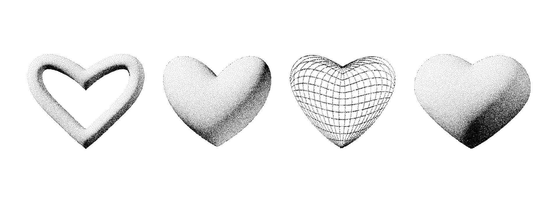 Dotted 3d heart shape collection. Black stippled fade gradient heart set. Y2K dotwork grain grunge design element pack for banner, poster, decoration. Textured noise gritty form bundle. vector