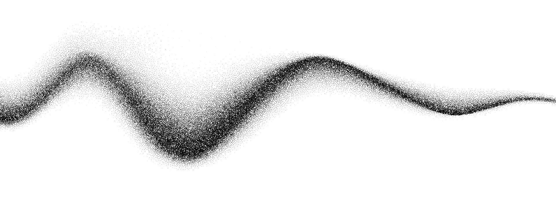 Grain wave gradient texture. Black stipple flow line background. Dotted undulate sand backdrop with speckles, particles, granules. Grunge noise dot work wallpaper for banner, poster, overlay vector