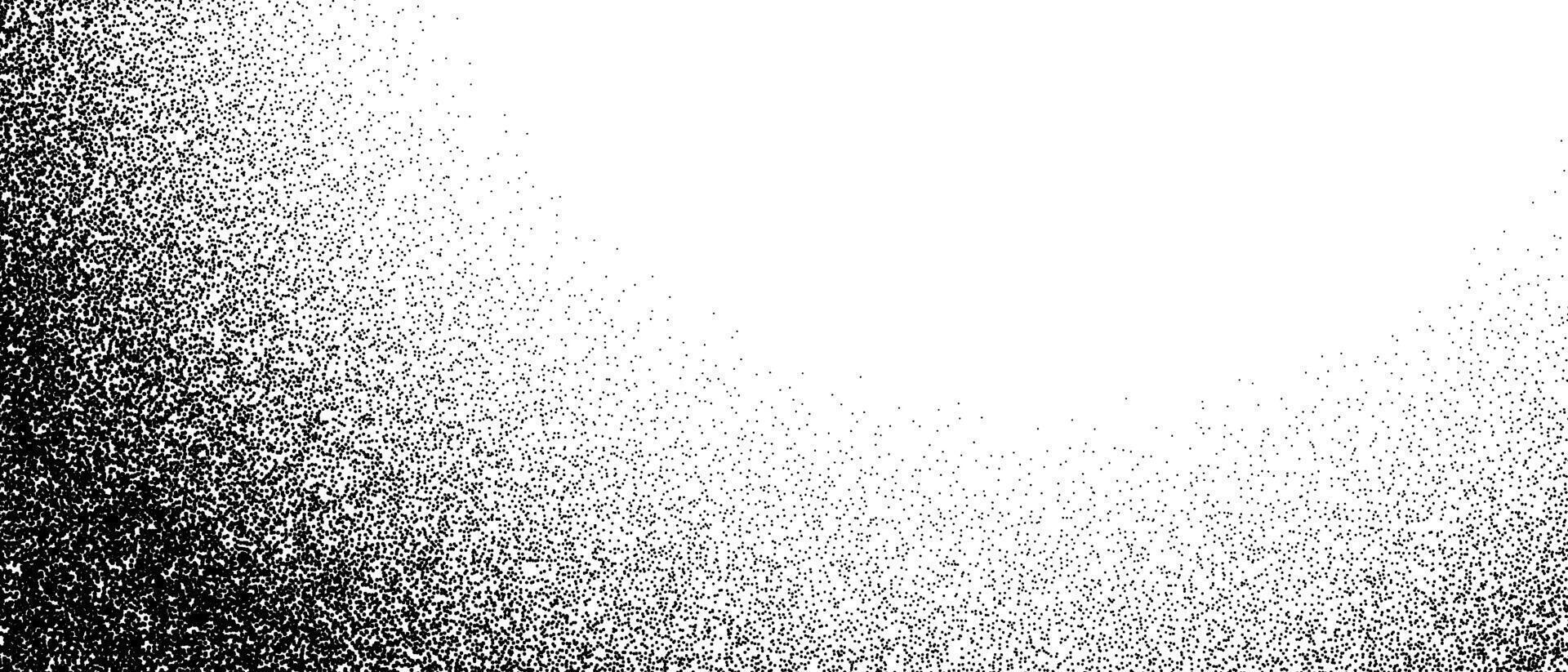 Black stipple gradient texture. Grunge dotted noise background. Black gritty splattered sand halftone overlay. Round distressed sprayed dot work grain with specks, dust, dots, speckles. vector