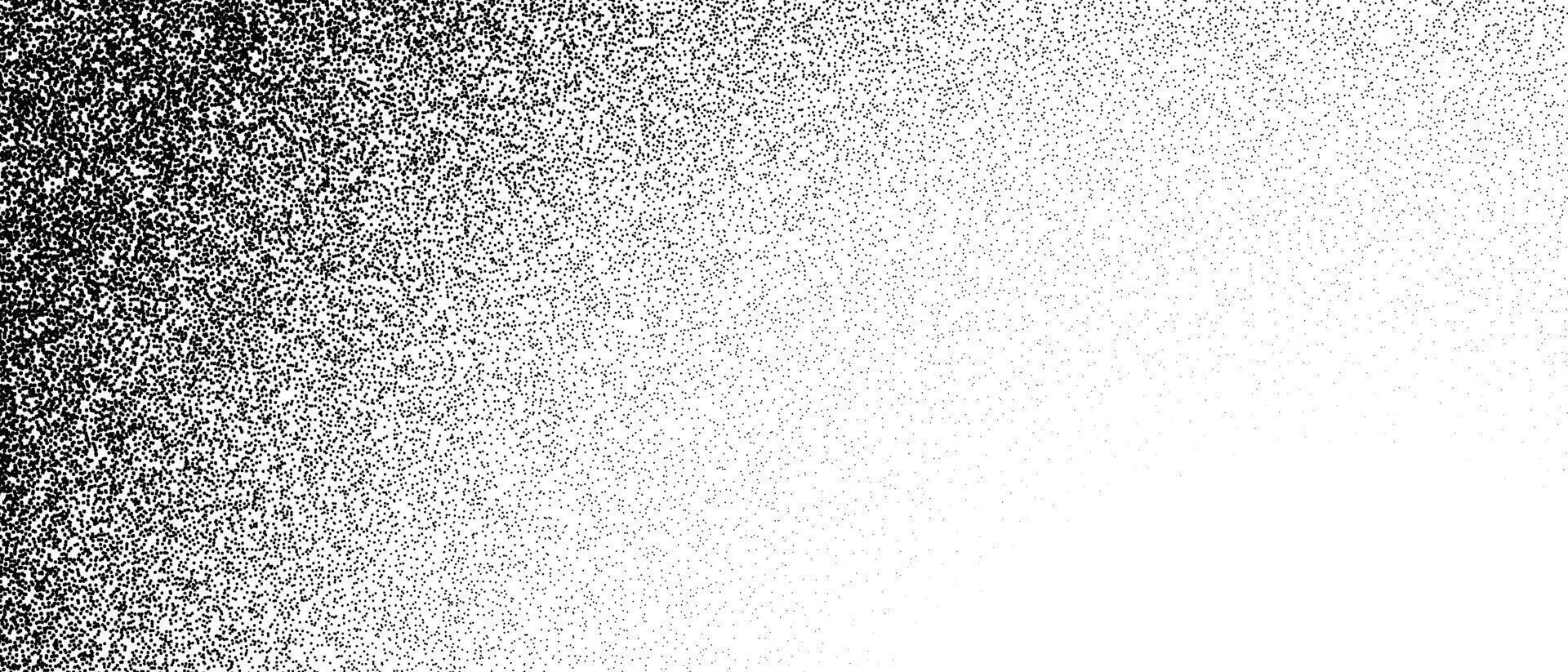 Black stippled gradient texture. Grunge dotted noise background. Black gritty splattered sand overlay. Curved distressed sprayed dot work grain with specks, dust, dots, speckles. vector