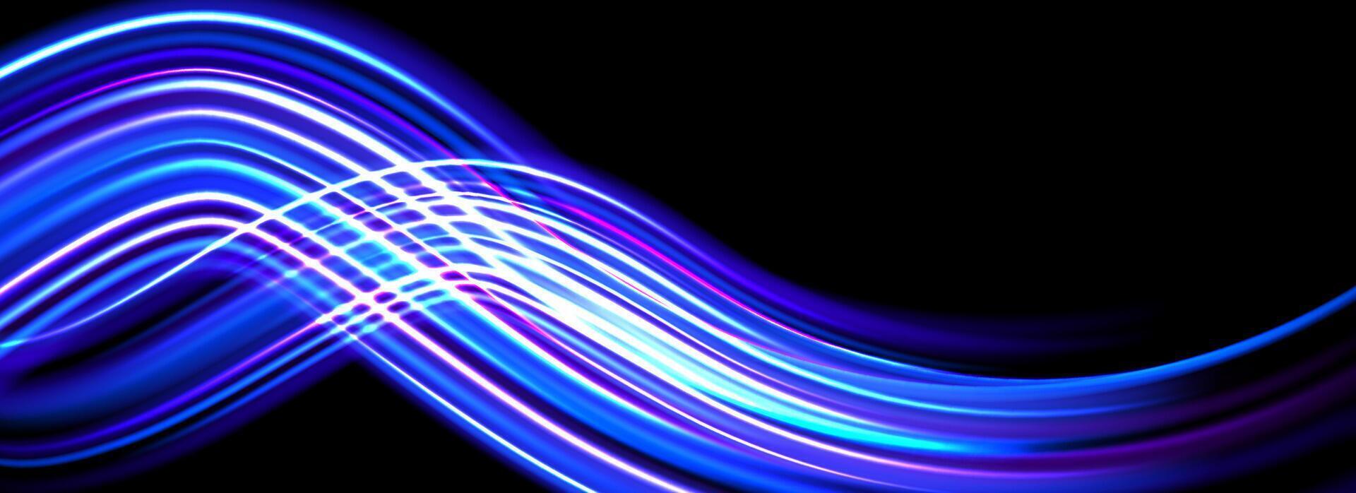 Glowing neon light trail background. Iridescent blue swoosh speed lines. Magic luminous curved path concept. Abstract dynamic flowing stripes. Long exposure streaks for poster, banner, flyer vector