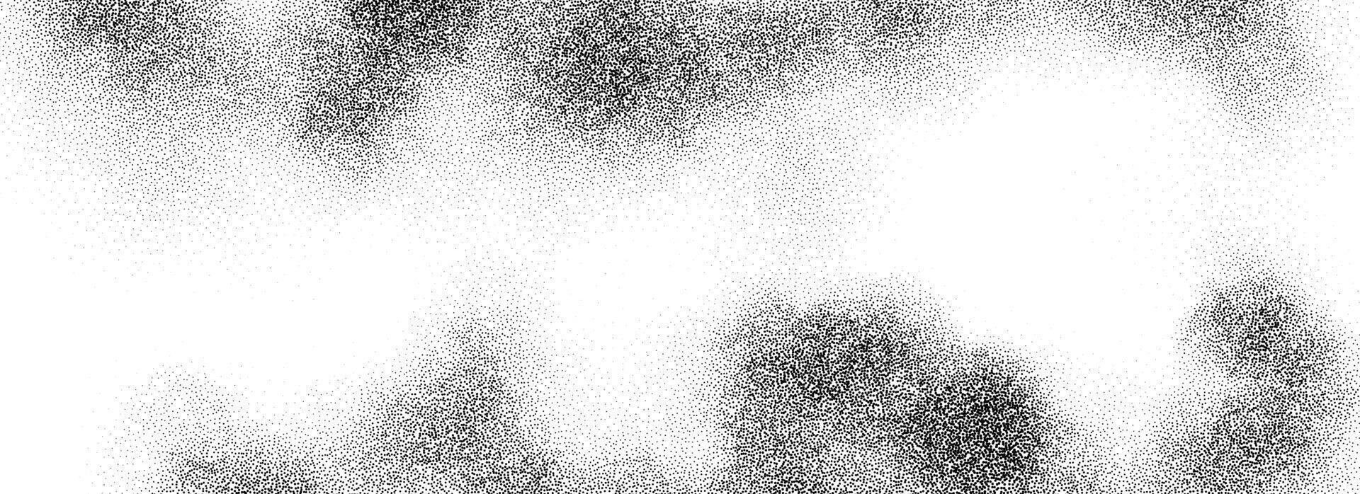 Smoke cloud stippled gradient texture. Grunge fluid fume grain background. Gritty noise fog dot work wallpaper. Black and white dots, speckles, sand particles, granules overlay. Grey backdrop vector