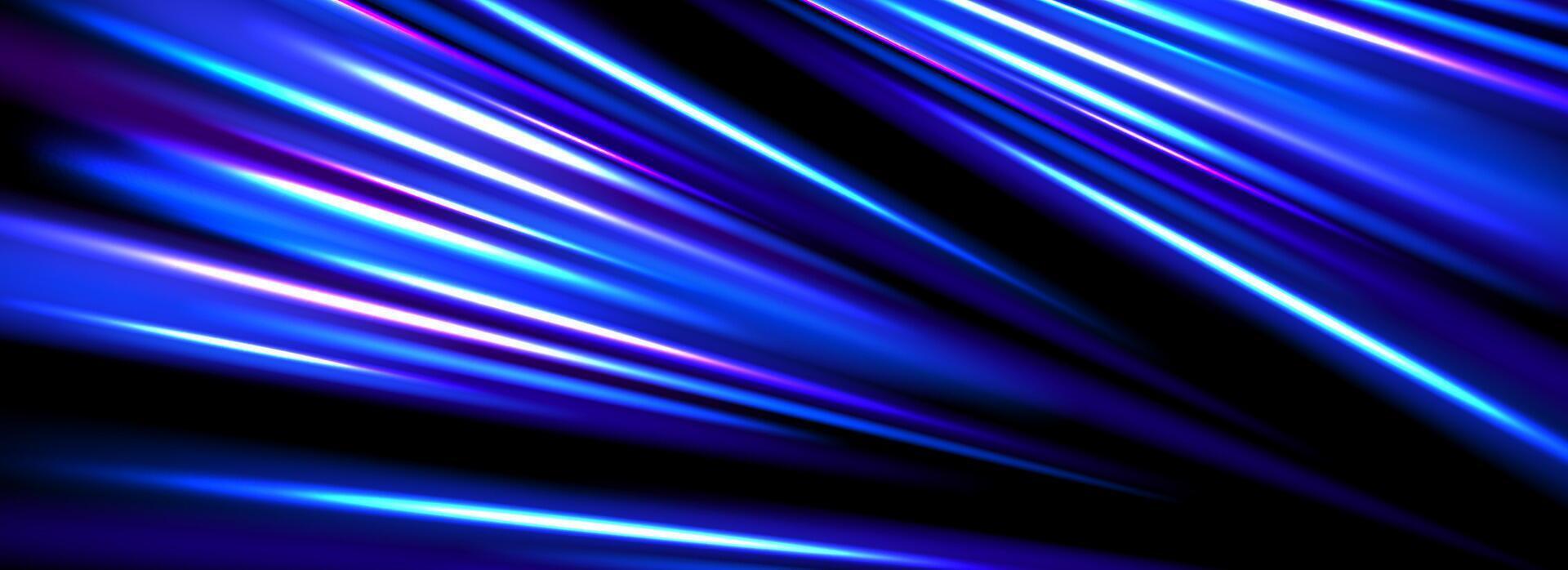 Neon glowing dynamic stripe background. Bright blue speed light effect. Exposure trail flare line texture. Luminous laser rays or beams wallpaper design. Futuristic neon speedy streak backdrop. vector