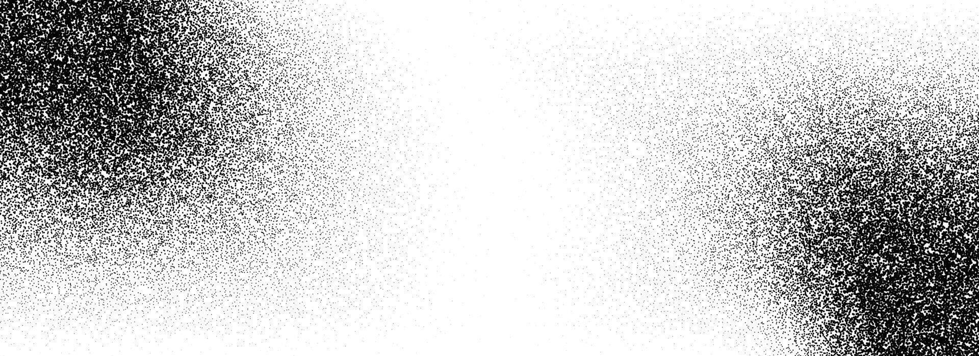 Black stippled gradient texture. Grunge dotted noise background. Gritty splattered sand halftone overlay. Distressed sprayed dot work grain with specks, dust, dots, speckles, particles vector