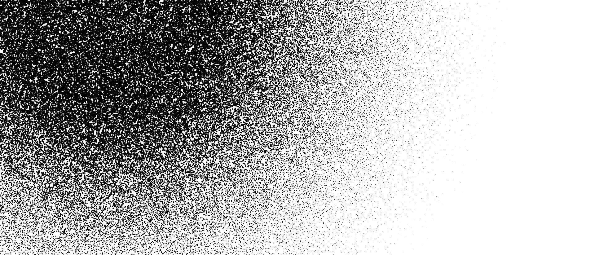 Black stipple curved gradient texture. Grunge dotted noise background. Black gritty splattered sand halftone overlay. Radial distressed sprayed dot work grain with specks, dust, dots, speckles vector