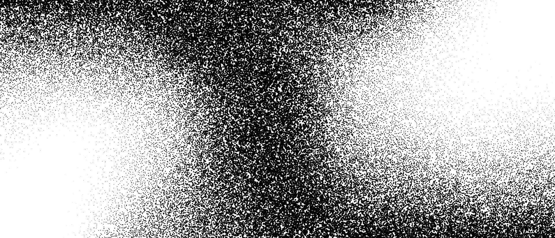 Black and white stippled gradient texture. Grunge dotted noise background. Gritty splattered sand halftone overlay. Distressed sprayed dot work grain with specks, dust, speckles, particles. vector