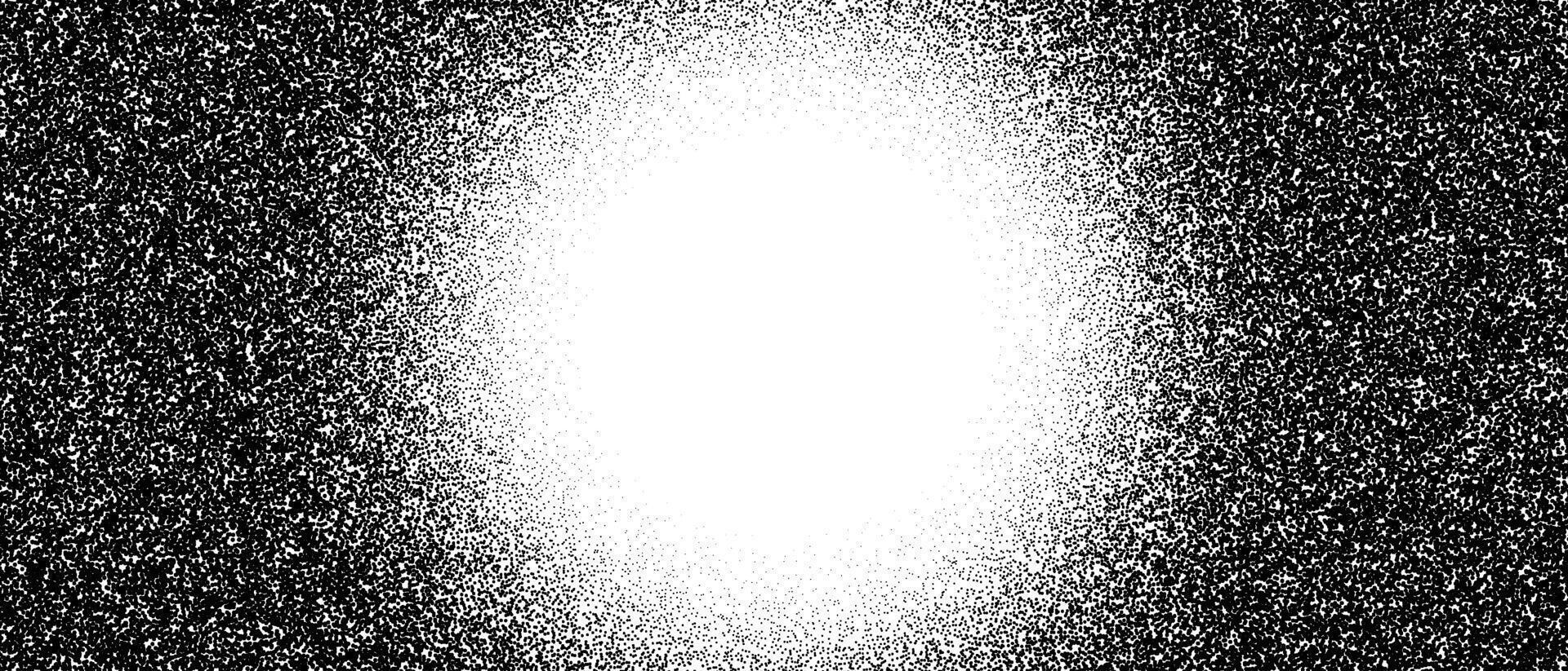 Black radial stipple gradient texture. Grunge dotted noise background. Black gritty sand halftone overlay. Distressed sprayed dot work grain with splatter, dust, dots, speckles. vector