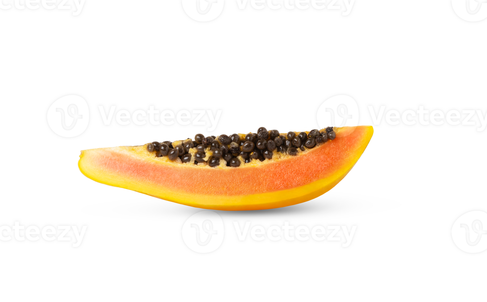 A slice of ripe yellow papaya fruit with seeds isolated. png