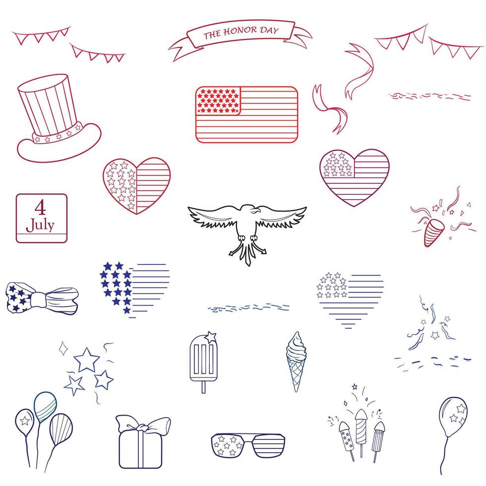 Adjustable outline stroke, Set of 24 an icons, out line, symbols of Independence day of USA. Suitable for web, infographics apps and presentation. 4th of july. Isolated on white background. vector