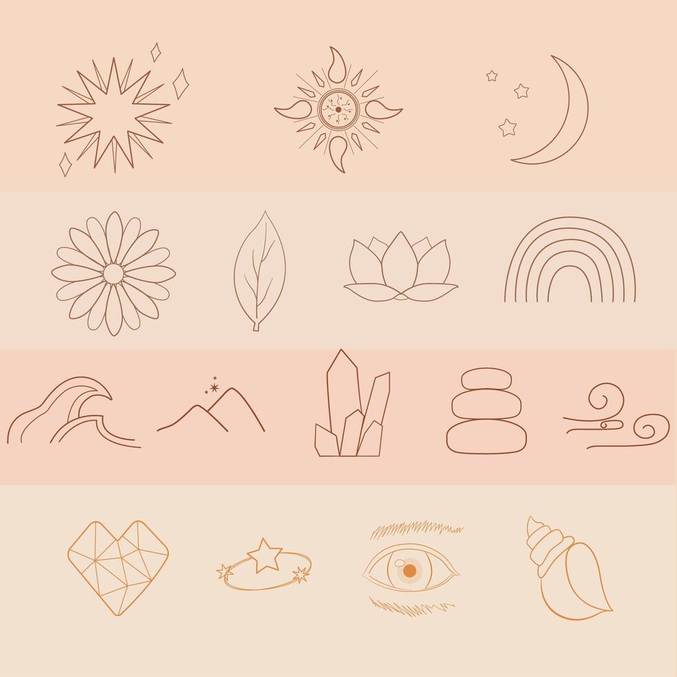 Adjustable boho mystic noodle outline earth tone set. Bohemian the icons symbols of star, sun, moon, nature, heart. vector