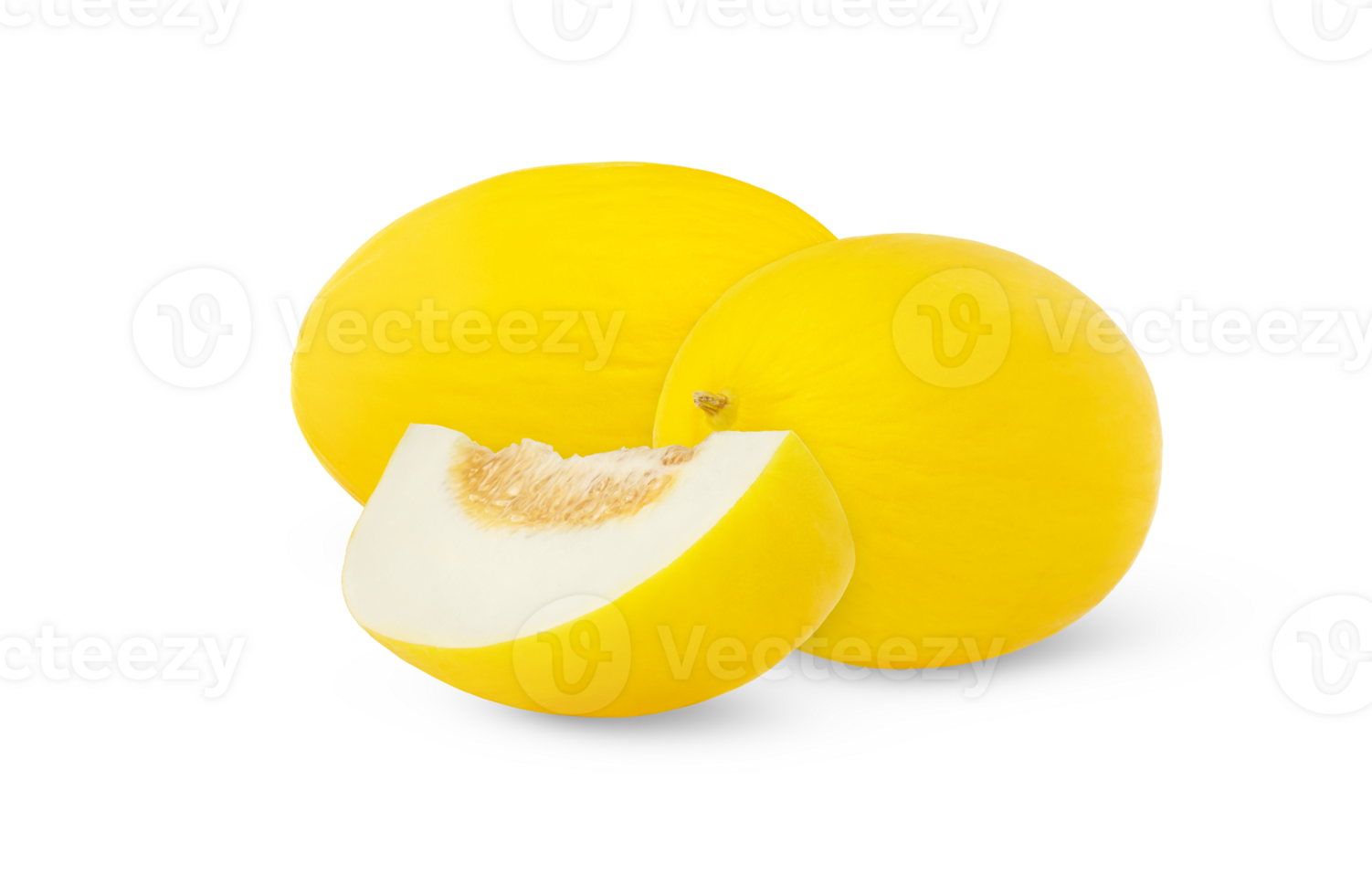 Fresh honeydew melon and a slice with seeds isolated. Canary yellow melon isolated. png