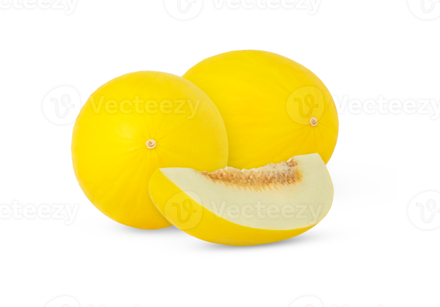 Two ripe yellow honeydew melons and a slice isolated. Canary melon cut out. png