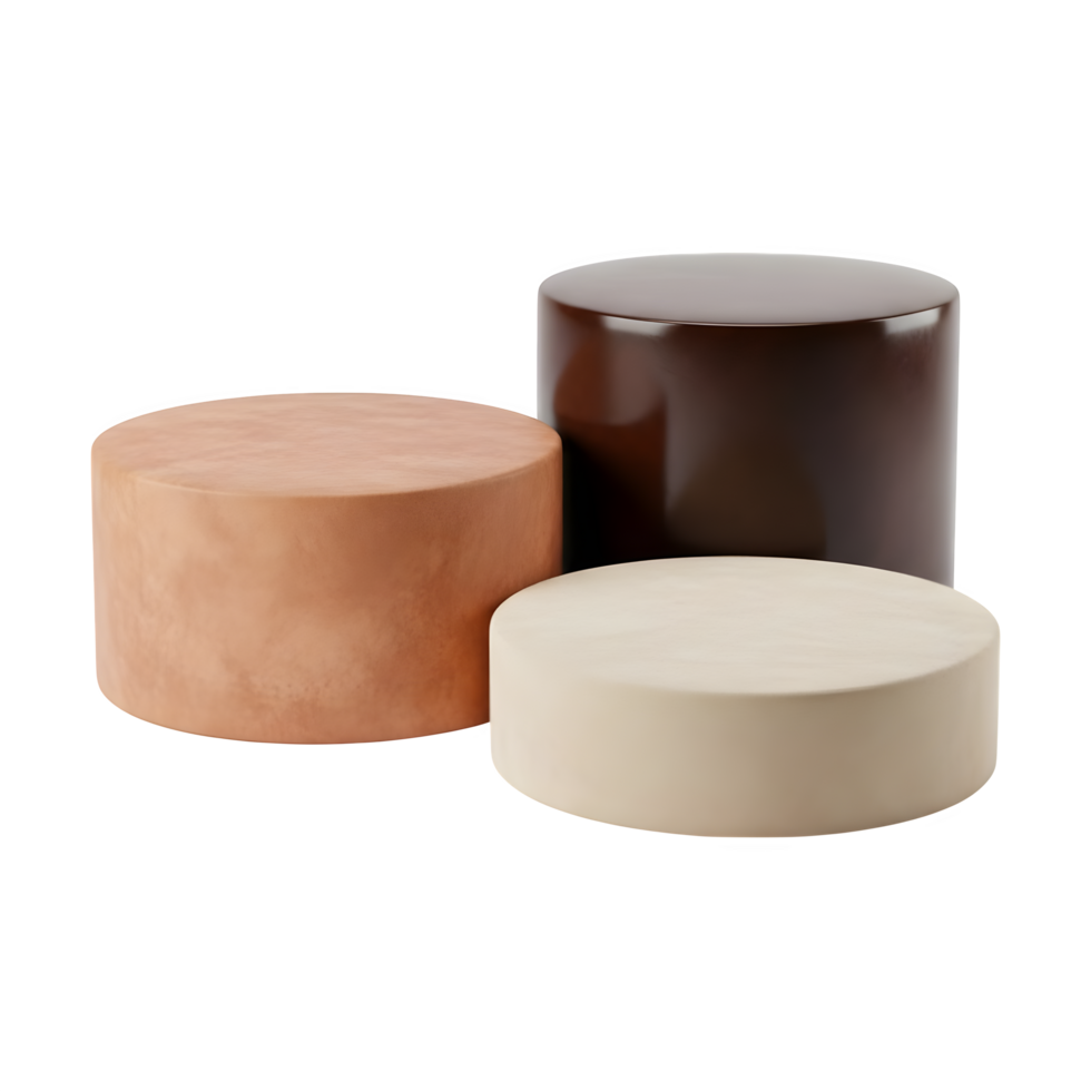 Triple cylindrical stands in warm neutral colors on transparent background png