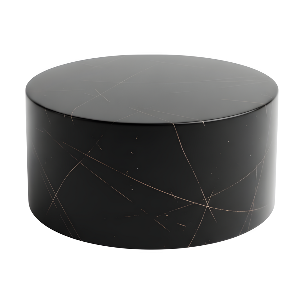 Matte black cylindrical podium with soft bronze accent textures on transparent background png