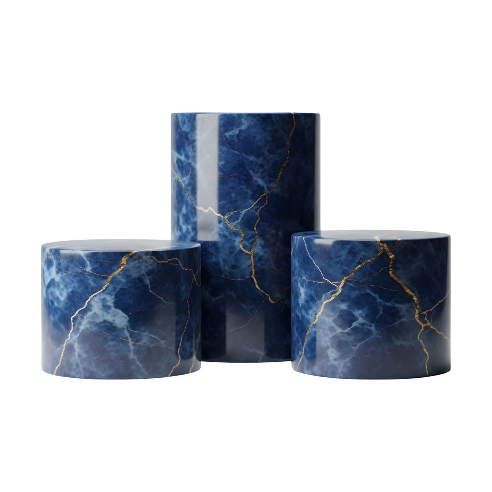 Elegant deep blue stone pedestal with shiny gold lines on transparent background png