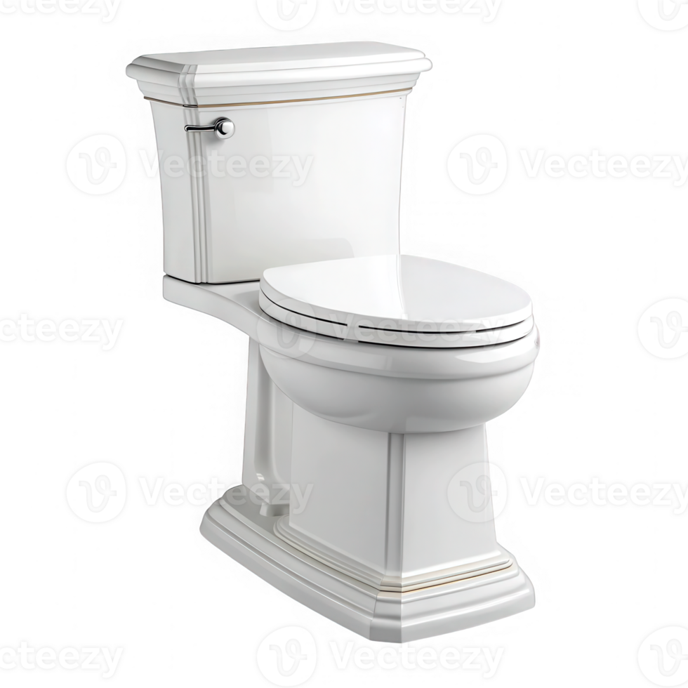 Elegant white ceramic toilet with gold trim isolated on transparent background png
