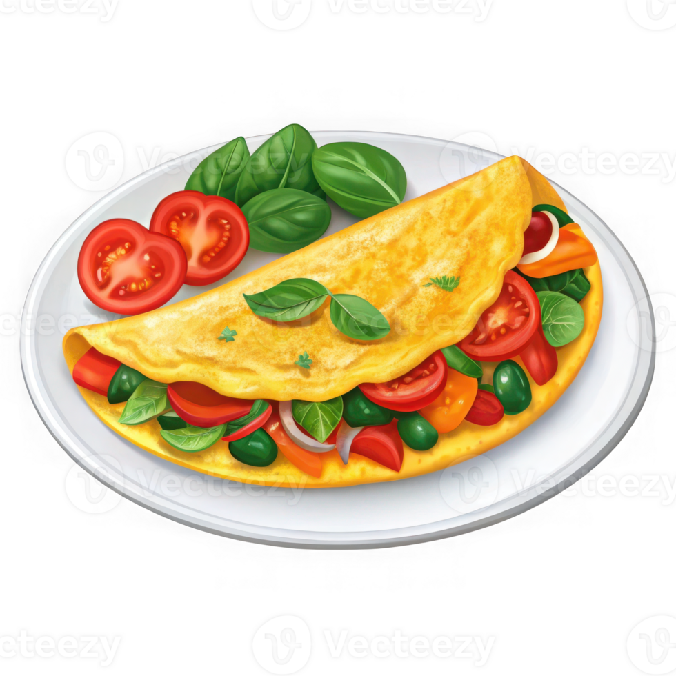 Delicious vegetable omelette with fresh basil and tomatoes isolated on transparent background png