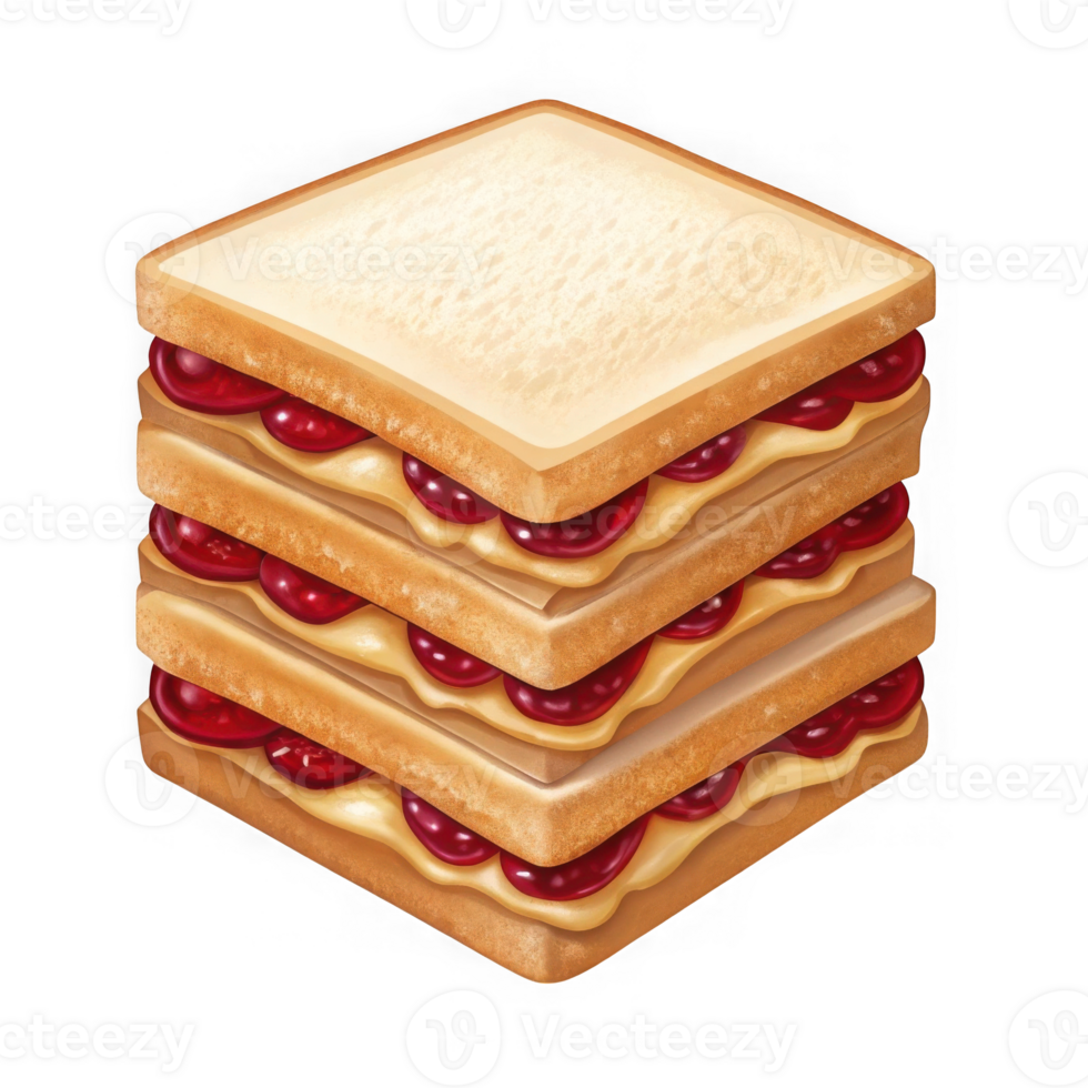 Stack of three delicious peanut butter and jelly sandwiches isolated on transparent background png