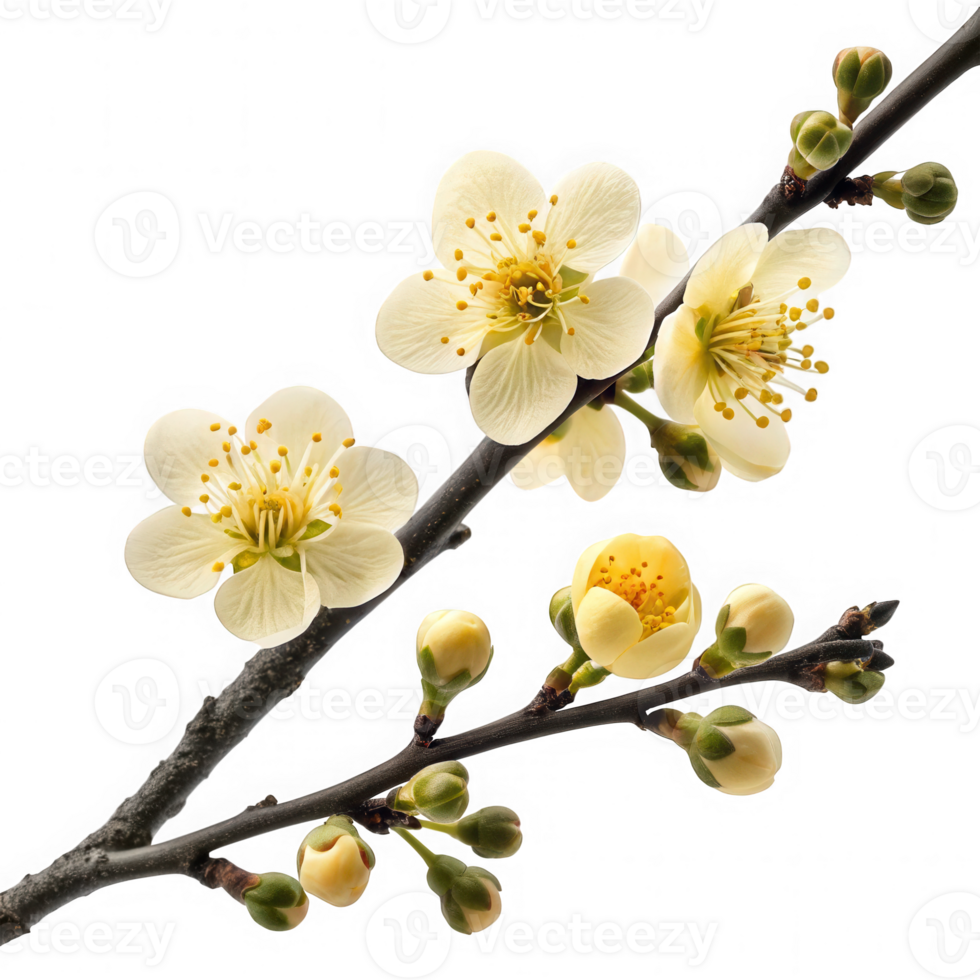 Delicate white plum blossoms and buds on a dark branch isolated on transparent background png