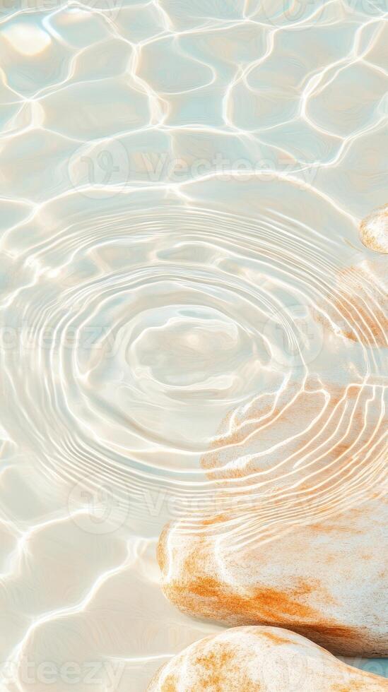 Clear water surface with ripple effect and sun reflections. Some stones underwater near the water surface. Calm water and natural light. Light color palette. photo
