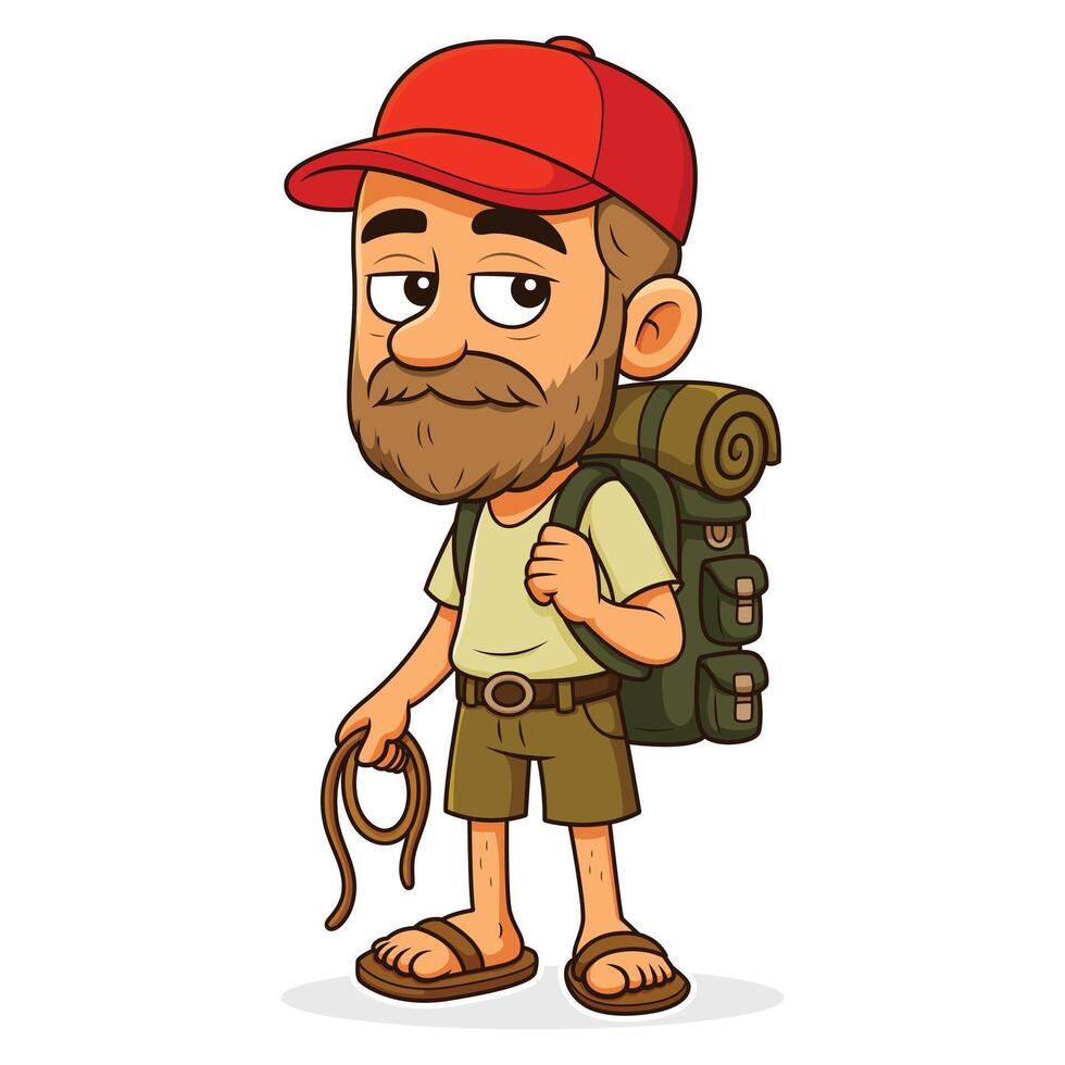 Cartoon Adventure Hiker Man Character, Outdoor Explorer with Backpack and Climbing Rope Illustration vector