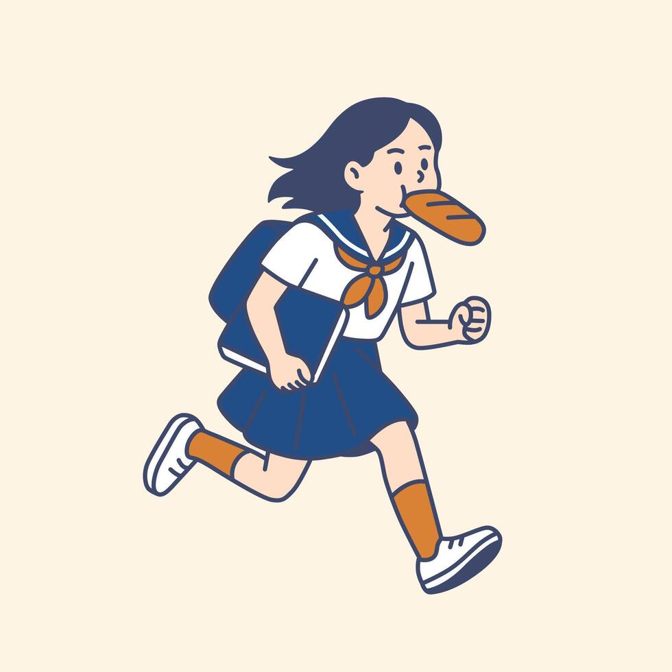 Teen Girl Student Is Running with A Baguette in Mouth vector