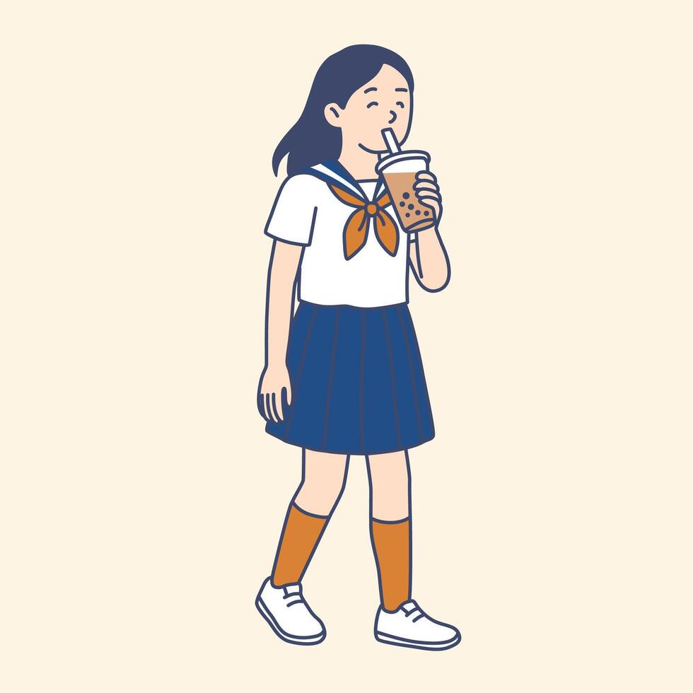 Student Girl Drinking Bubble Tea vector