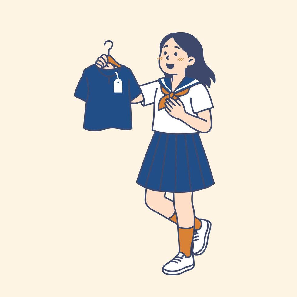 Excited Student Shopping and Holding New Shirt vector