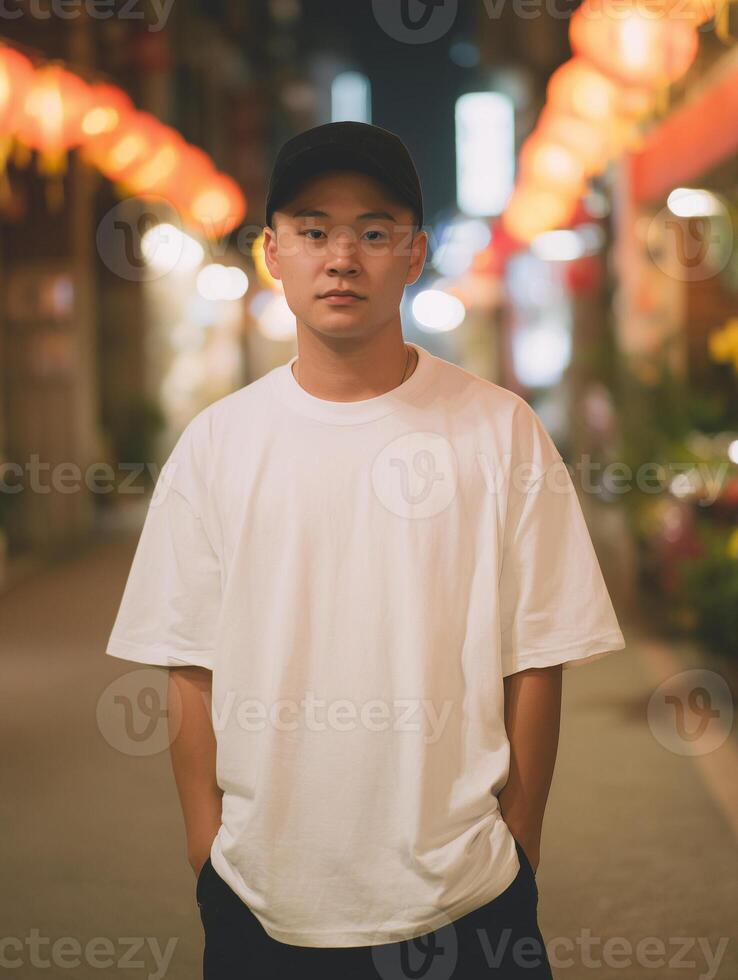 Man in T-Shirt and Cap on Lit Street at Night photo