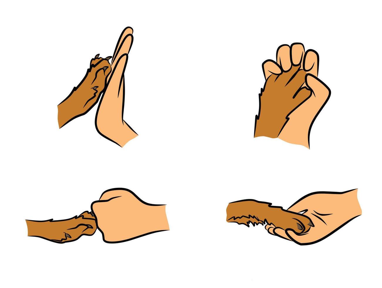 Human hand and animal paw interaction cartoon illustration on white background for pet care and friendship clipart vector