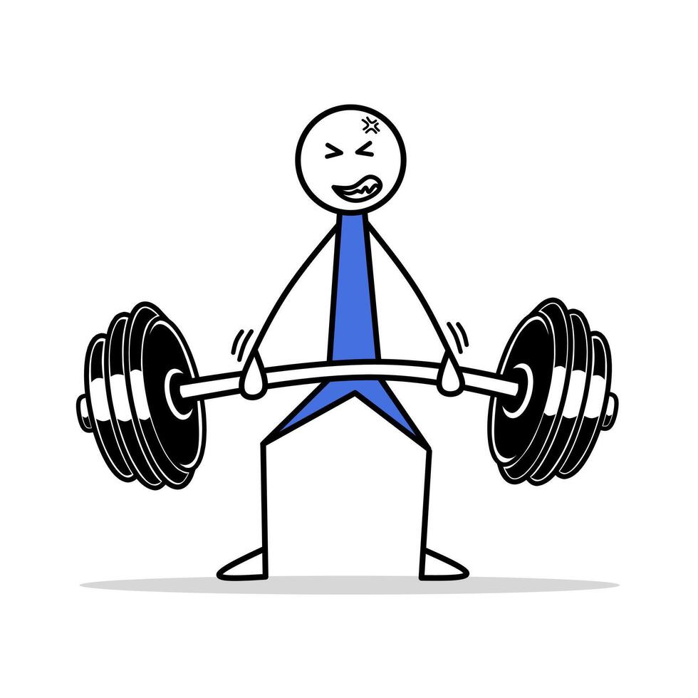 Funny stickman illustration lifting heavy barbell, perfect for fitness content, workout posters, and gym-themed designs vector