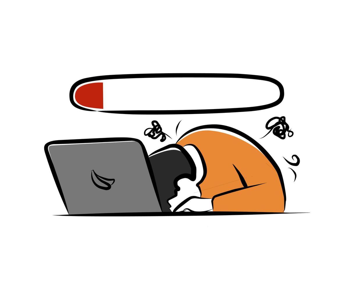 Illustration of frustrated man with low energy bar and laptop symbolizing burnout and work overload vector