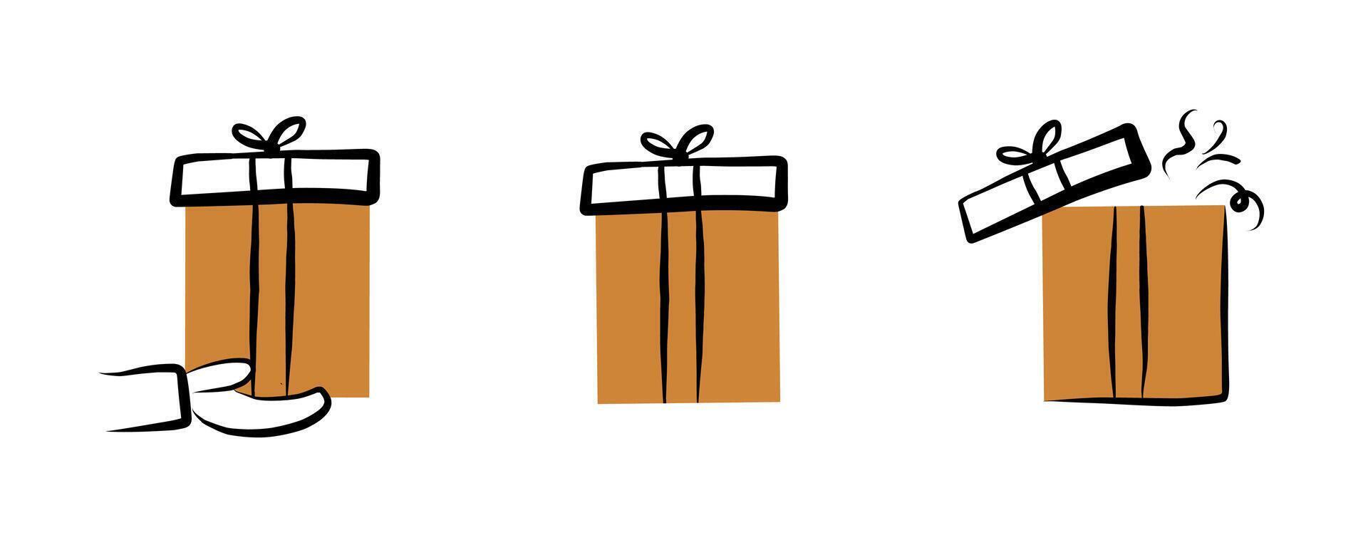 GIft box icons in various stages in cartoon style of opening with hand drawn ribbon and minimal flat colors vector
