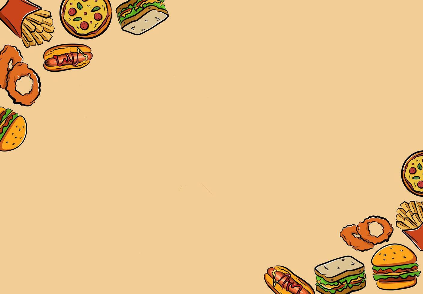 Hand drawn fast food border illustration with sandwich, hot dog, and empty copy space vector