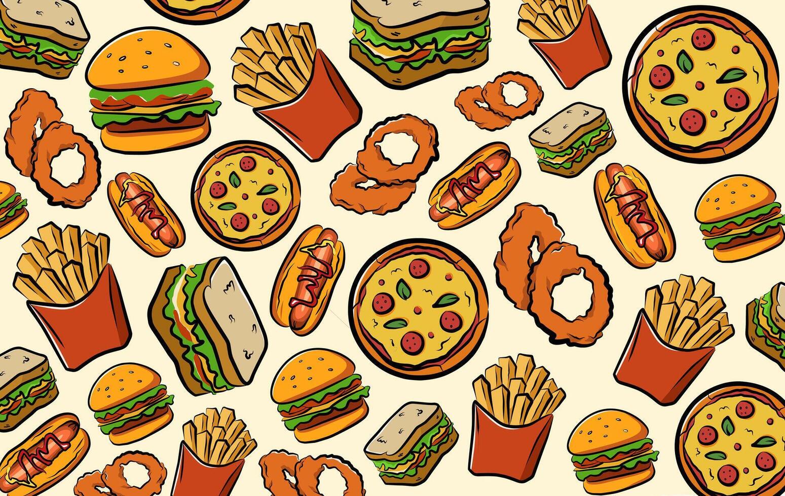 Seamless pattern of fast food icons including burger, pizza, sandwich, french fries, onion rings, and hot dog In cartoon style vector