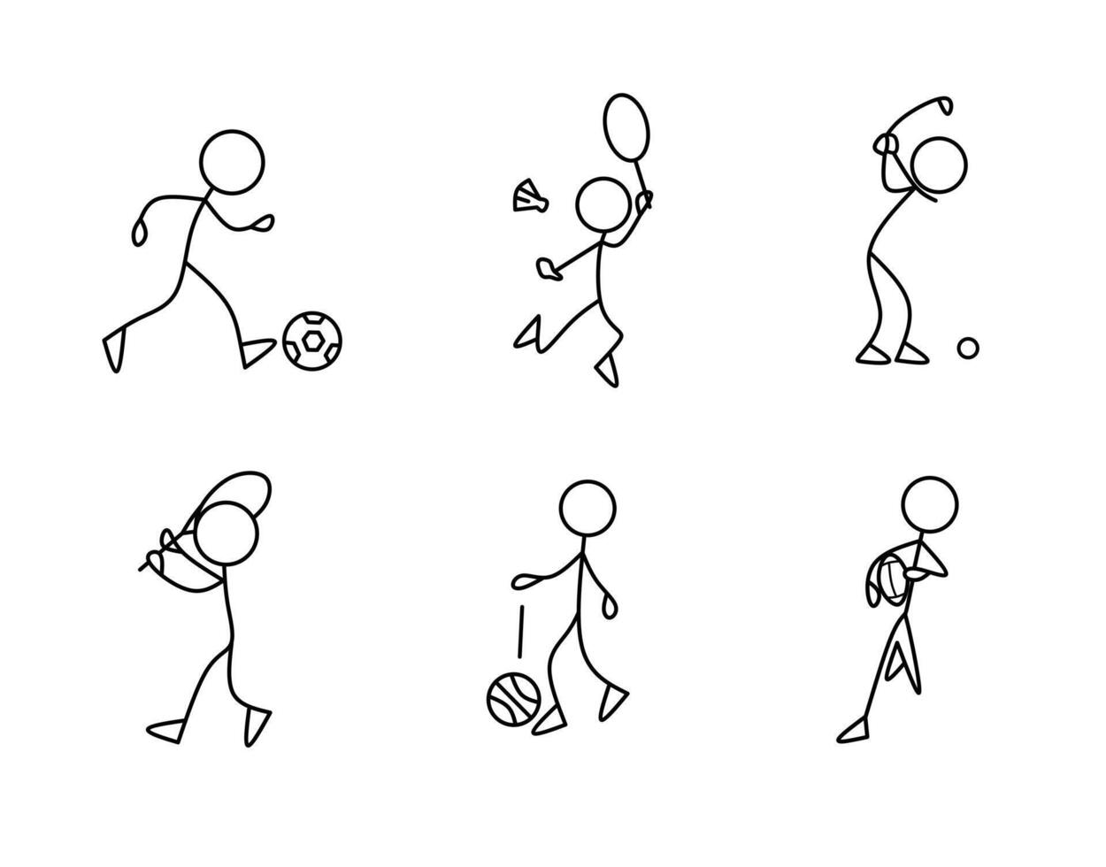 Stickman with sport poses, minimalist line art icons of soccer, basketball, rugby, golf, and tennis vector