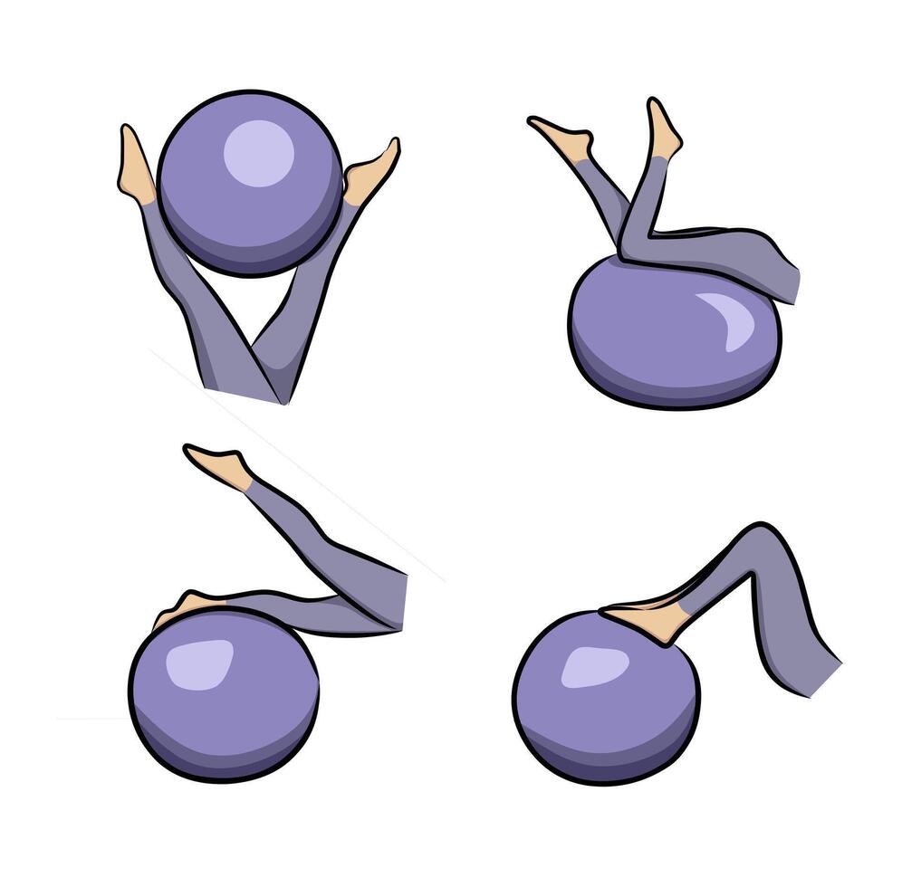 yoga ball exercise poses with female legs doing pilates moves using purple fitness ball cartoon style vector