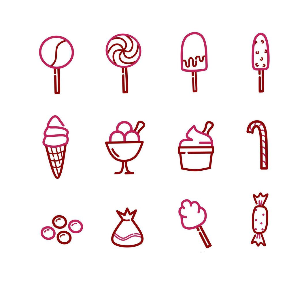 12 Sweet treats ice cream and candy icon set, pink and red minimalist outline style, set of sweet foods vector