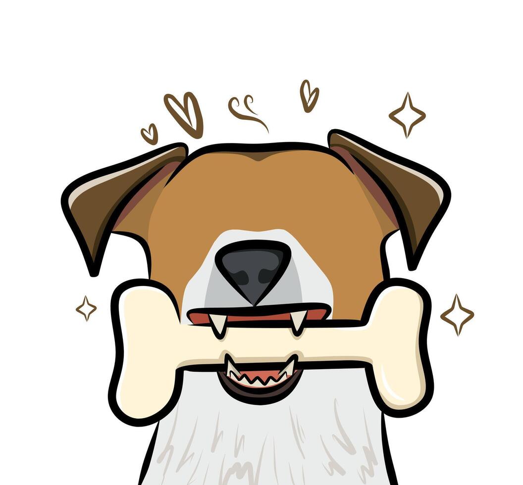 Dog holding bone with cute hearts and sparkles cartoon illustration for pet shop logo sticker and animal adoption graphic vector