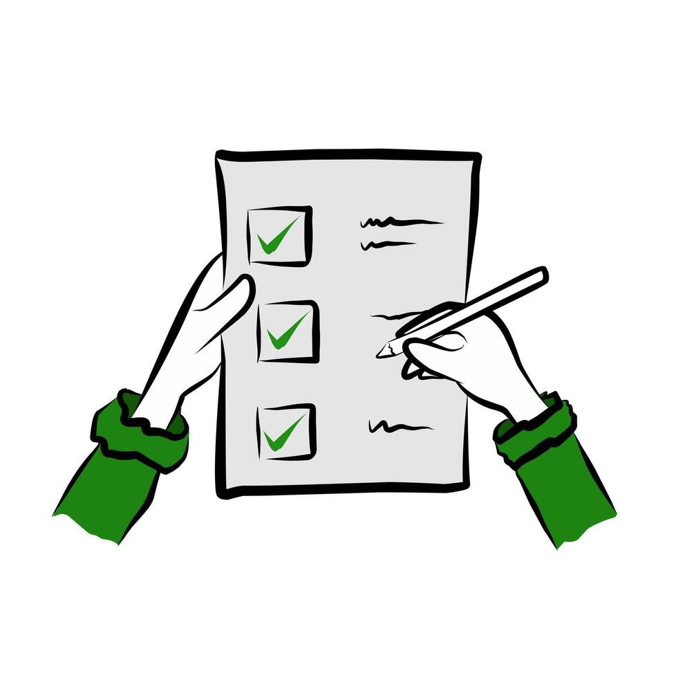 Hand-drawn checklist illustration, person holding and writing on a task list with green checkmarks in doodle style vector