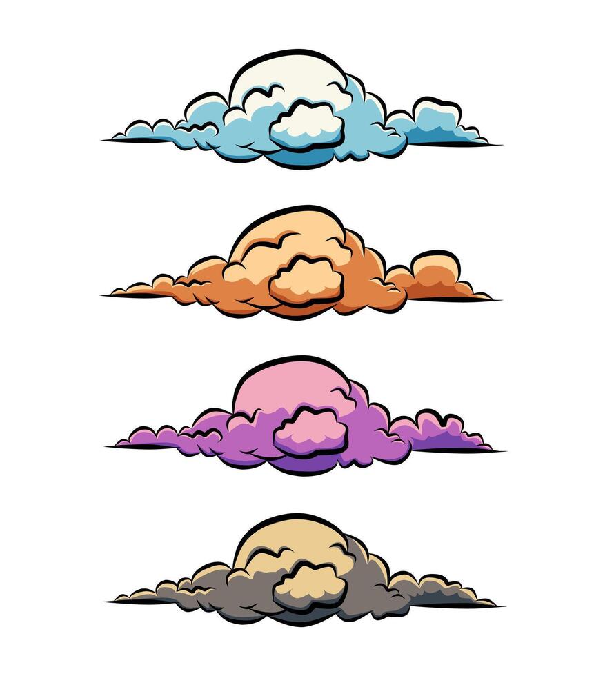 Colorful cloud illustration set on white background, hand-drawn atmospheric artwork in blue, orange, purple, and grey for design and creative projects vector