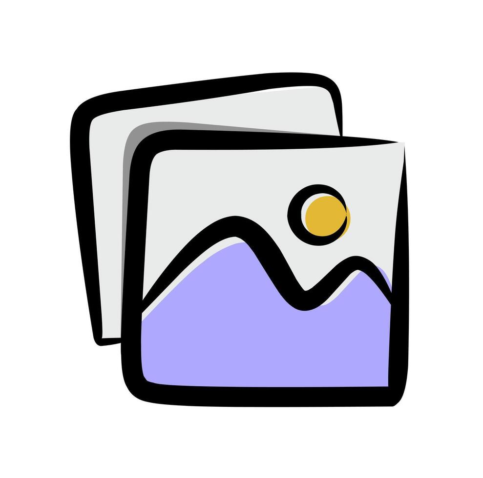 Photo image icon with mountain silhouette and sun in a layered picture frame style cartoon in style vector